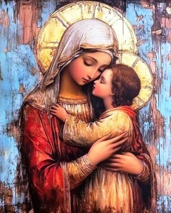 Tablou pictura cu diamante, Fecioara Maria cu Iisus, Goblen 5D, rama din lemn, 40 x 50 cm, GM10014