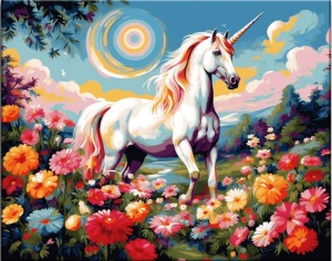 Tablou pictura pe numere, Unicorn si flori, rama din lemn, 40 x 50 cm, PM2008