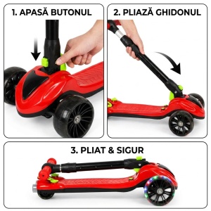 Trotineta reglabila cu 3 roti, lumini, muzica si lansator de abur tip fum, 3-10 ani, rosu