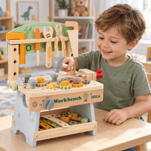 Banc de lucru din lemn WorkBench Idea, cu unelte, menghina si piese de constructie - Img 2