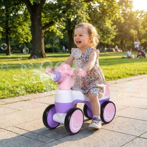 Bicicleta fara pedale, baloane de sapun, 4 roti, sunete, roz