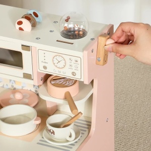 Bucatarie de jucarie din lemn cu chiuveta, cuptor, aragaz, microunde si accesorii incluse