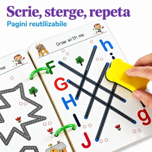 Carte educativa reutilizabila, 64 de pagini cu activitati de trasare, asociere, litere si cifre - Leu - Img 6