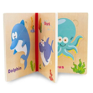 Carte puzzle din lemn cu 6 pagini, Animalute marine