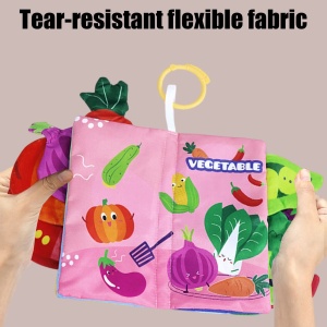 Carte textila senzoriala pentru bebelusi cu elemente fosnitoare si cozi textile - Legume - Img 4