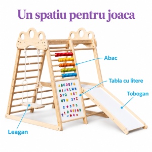 Centru de joaca din lemn 5 in 1, cu leagan, tobogan, scara de catarare, abac si alfabet - Img 4