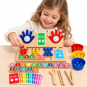 Joc educativ din lemn 4 in 1 – Numarat pe degete, matematica, sortare culori si motricitate - Img 4