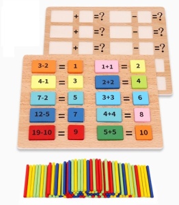Joc educativ din lemn cu numere si calcule matematice simple, 110 piese