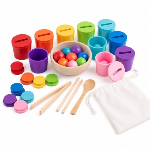 Joc Montessori din lemn pentru sortarea culorilor, cu 8 cupe, bile, jetoane si accesorii - Img 3