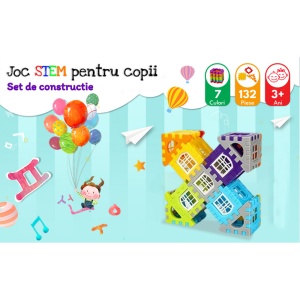 Joc STEM de constructie si inginerie 2D si 3D din ABS, cutie depozitare, 186 piese