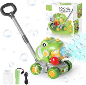 Jucarie de impins 2 in 1 cu lansator de baloane de sapun si lumini - Dinozaur