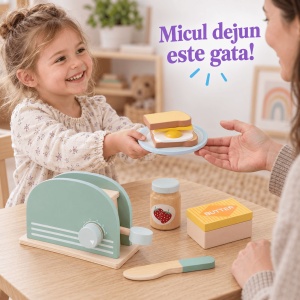 Jucarie prajitor de paine din lemn cu accesorii pentru micul dejun, Toaster Bread, 9 piese - Img 3