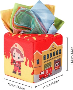 Jucarie senzoriala din material textil tip cutie cu servetele, Pompieri