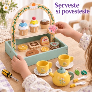 Jucarie set de ceai din lemn, cu suport de servire pe doua niveluri si deserturi, 14 piese, Kabi - Img 6
