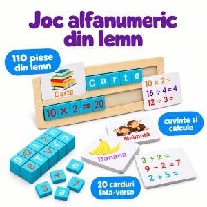 Pachet educativ din lemn cu litere, cuvinte, calcule, numarare si sortare, joc alfanumeric si 50 betisoare colorate - Img 5