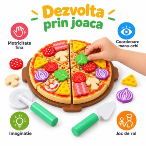 Pizza din lemn de feliat cu arici, toppinguri si accesorii, 27 piese - Img 6