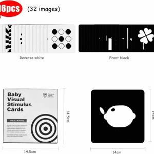 Set 32 imagini stimulare vizuala si senzoriala bebelusi, carduri alb-negru, 0-3 luni