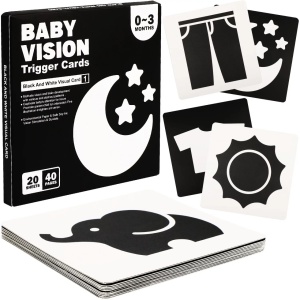 Set 40 imagini stimulare vizuala si cognitiva bebelusi, carduri alb-negru, 0-3 luni