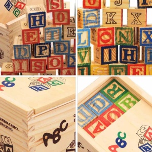 Set 48 cuburi de constructie din lemn in cutie, ABC blocks