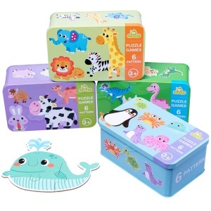 Set 6 puzzle cu piese mari in cutie metalica