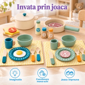 Set de bucatarie pentru copii, cu ustensile, vesela si alimente din lemn – 40 de piese - Img 6