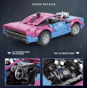 Set de constructie masina sport retro Muscle Car, roz-bleu, motor cu pistoane mobile, 925 piese - Img 3