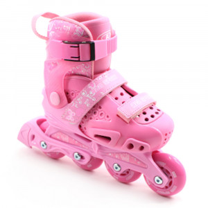 Set role reglabile copii si echipament protectie, roti silicon, marime ajustabila 29-33, Roz
