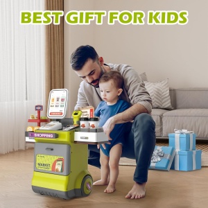 Set supermarkert electronic de jucarie mobil cu roti, sunete si functii, 48 piese, verde