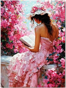 Tablou pictura cu diamante, Lectura printre flori, Goblen 5D, rama din lemn, 40 x 50 cm, GM10035