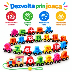 Trenulet magnetic din lemn cu numere 0–20 si semne matematice – 27 de piese - Cifre - Img 4