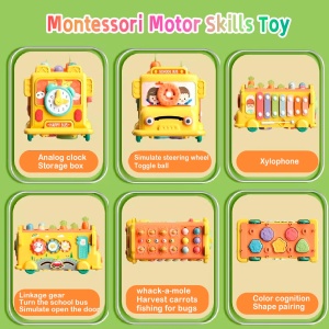 Autobuz educativ multifunctional cu xilofon, sortator de forme, morcovi si joc cu ciocanel - Img 4