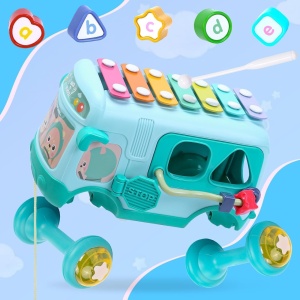 Autobuz interactiv cu xilofon, functii de sortare si jucarii detasabile, Albastru