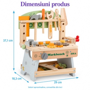 Banc de lucru din lemn WorkBench Idea, cu unelte, menghina si piese de constructie - Img 9