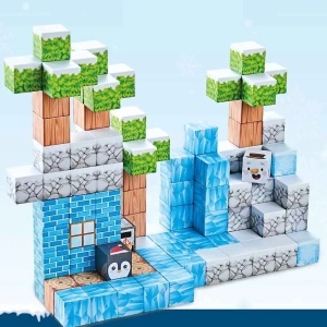 Blocuri magnetice de constructie 3D tip Minecraft, 2 cm - 113 piese - Iarna