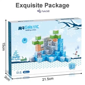 Blocuri magnetice de constructie 3D tip Minecraft, 2 cm - 66 piese - Iarna
