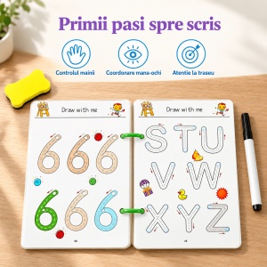 Carte educativa reutilizabila, 64 de pagini cu activitati de trasare, asociere, litere si cifre - Leu - Img 3