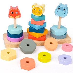 Joc de sortat si stivuit din lemn pe 3 coloane, Animalute colorate, pastel, 21 forme