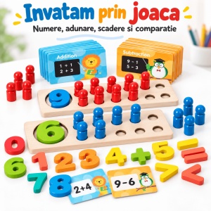 Joc educativ de matematica din lemn, cu pioni de numarare, cifre si carduri pentru adunari si scaderi - Img 8