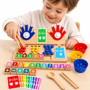 Joc educativ din lemn 4 in 1 – Numarat pe degete, matematica, sortare culori si motricitate