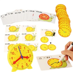 Joc educativ pentru invatarea ceasului cu carduri reutilizabile si ceas analog, 72 piese