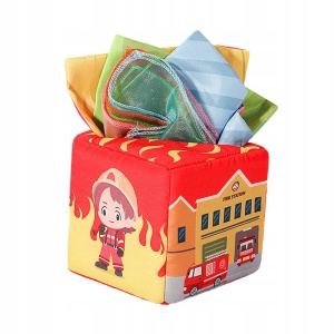 Jucarie senzoriala din material textil tip cutie cu servetele, Pompieri