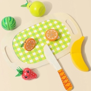 Jucarie set de feliat din lemn cu 8 fructe, tocator si accesorii - Img 2