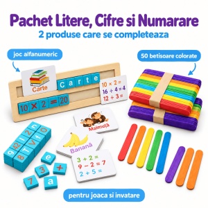 Pachet educativ din lemn cu litere, cuvinte, calcule, numarare si sortare, joc alfanumeric si 50 betisoare colorate - Img 2