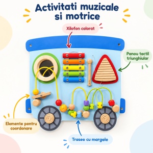 Panou de activitati din lemn Viga Toys – Tren pentru perete, 3 sectiuni, 190 cm - Img 3