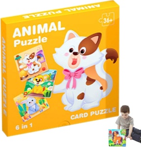 Puzzle 6 in 1 cu piese mari si imagine asociere, Animale