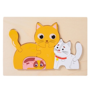 Puzzle din lemn cu piese groase, Familia animalutelor