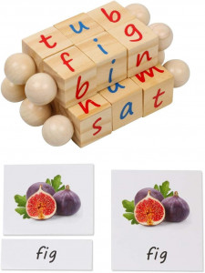 Set 5 cuburi rotative alfabet din lemn cu ilustratii in limba engleza, Primele cuvinte