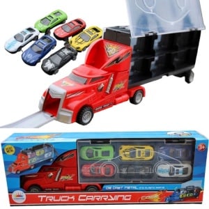 Set camion cu rampa si 6 masinute metalice