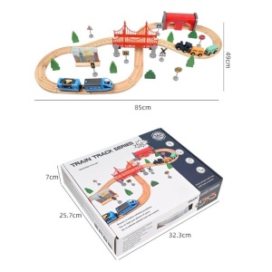 Set circuit din lemn cu trenulet electric si 52 piese, pod si accesorii - Img 6