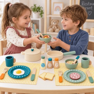 Set de bucatarie pentru copii, cu ustensile, vesela si alimente din lemn – 40 de piese - Img 3